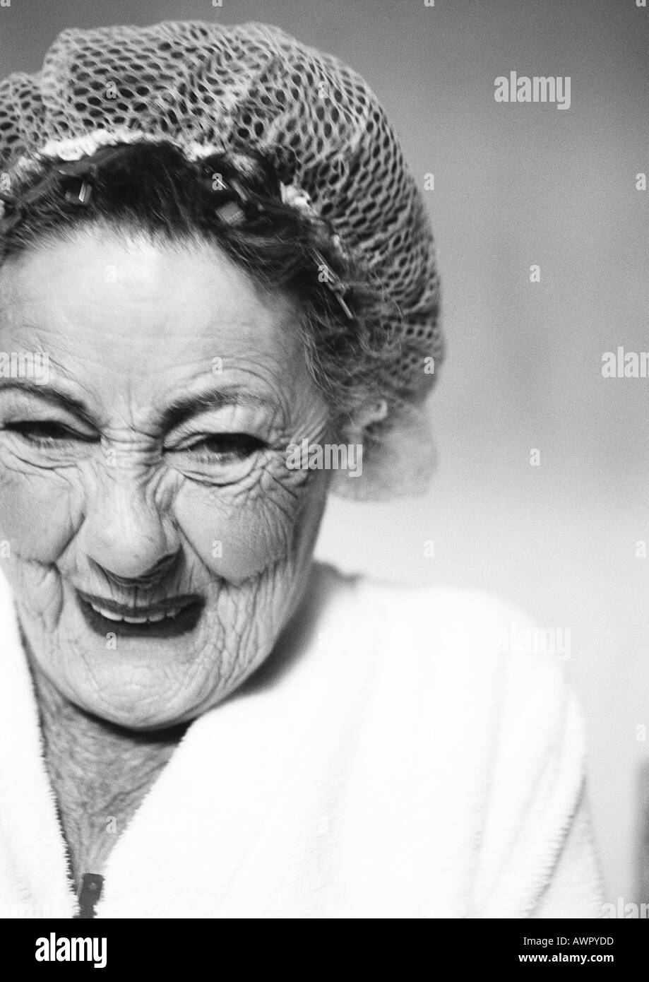 Elderly woman wearing hair net, smiling, portrait, closeup, b&w Stock Photo 5432284 Alamy