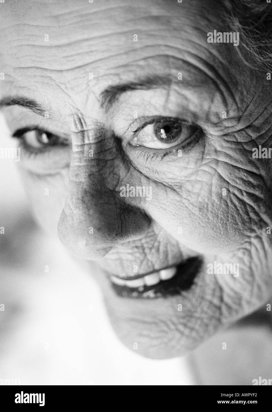 Elderly woman, portrait, close-up, b&w Stock Photo