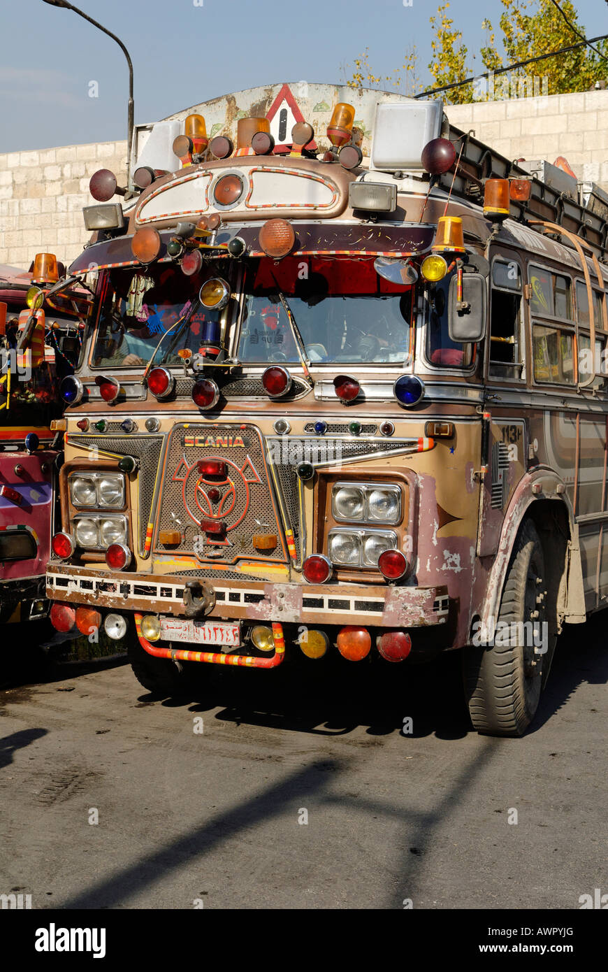 Old decorated bus in the old town of Damascus, Syria Stock Photo