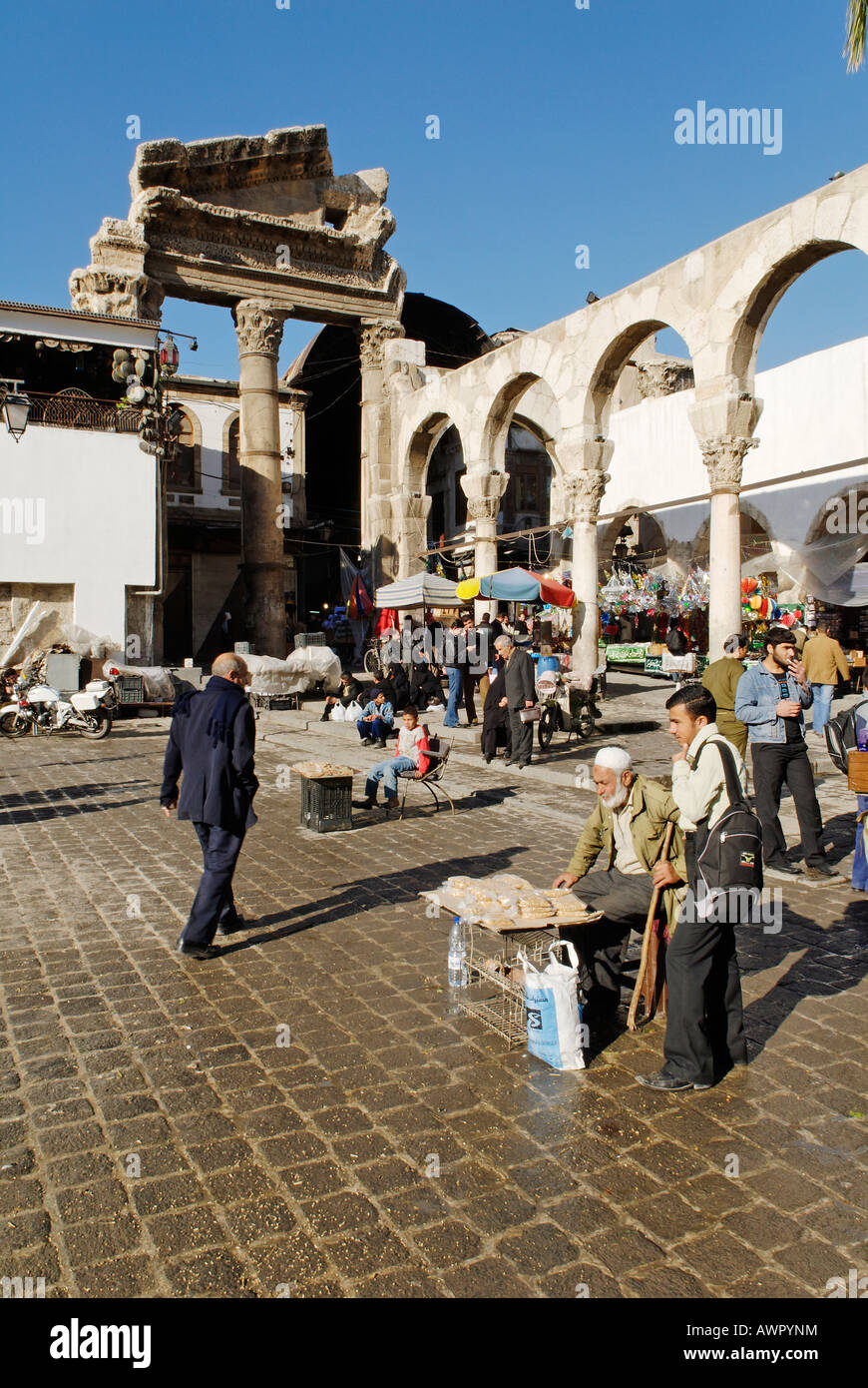 Parts of an antique temple in front of the Omayyad Mosque, Damascus, Syria Stock Photo