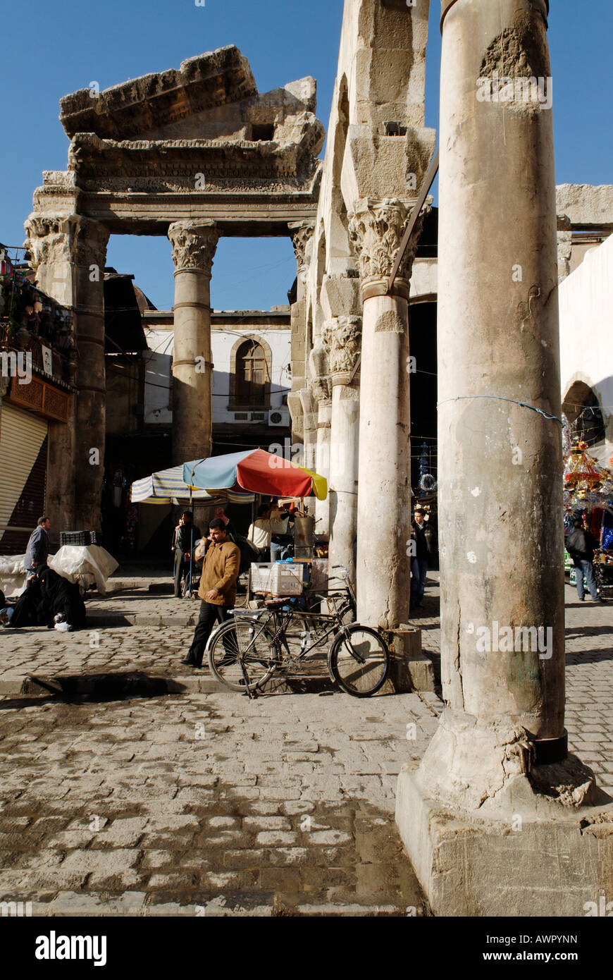 Parts of an antique temple in front of the Omayyad Mosque, Damascus, Syria Stock Photo
