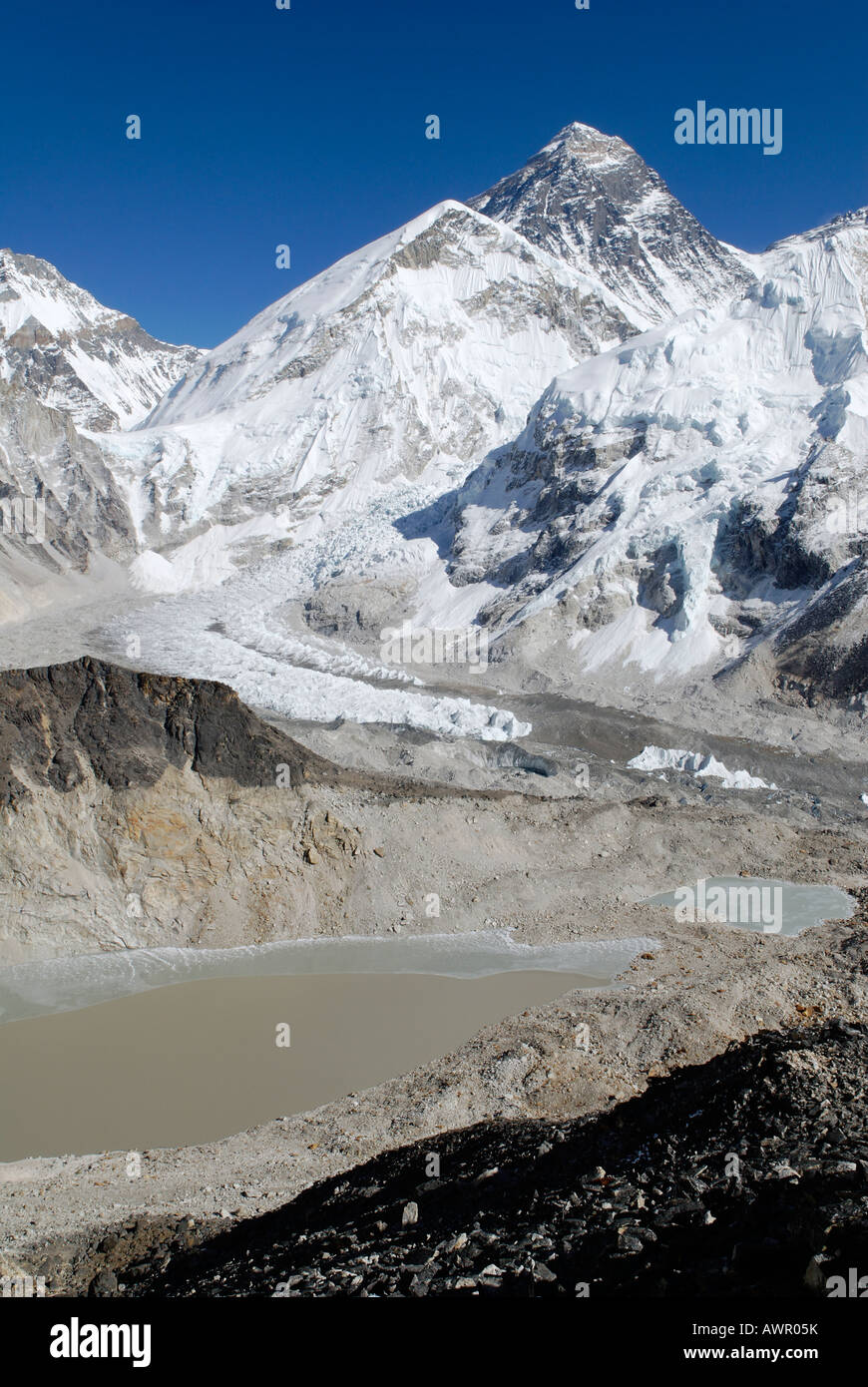 Famous view from Kala Patthar, Patar (5545) towards Mount Everest (8850), Nuptse (7861) and Khumbu Glacier, Sagarmatha National Stock Photo