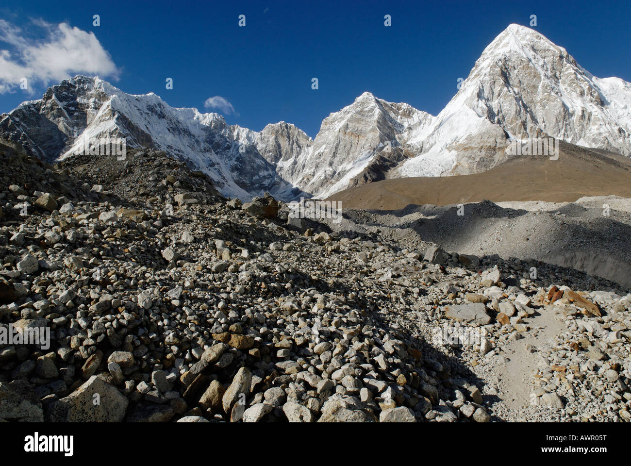 Khumbu glacier moraine with Pumori (7161), Khumbu Himal, Sagarmatha National Park, Nepal Stock Photo