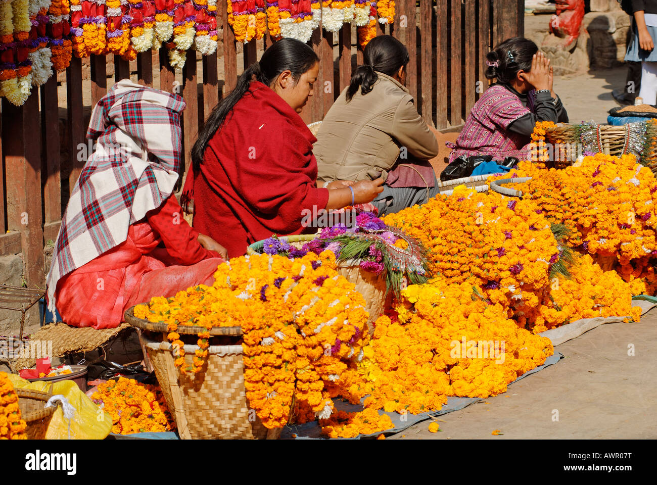 Flower market in the old town of Kathmandu, Nepal Stock Photo