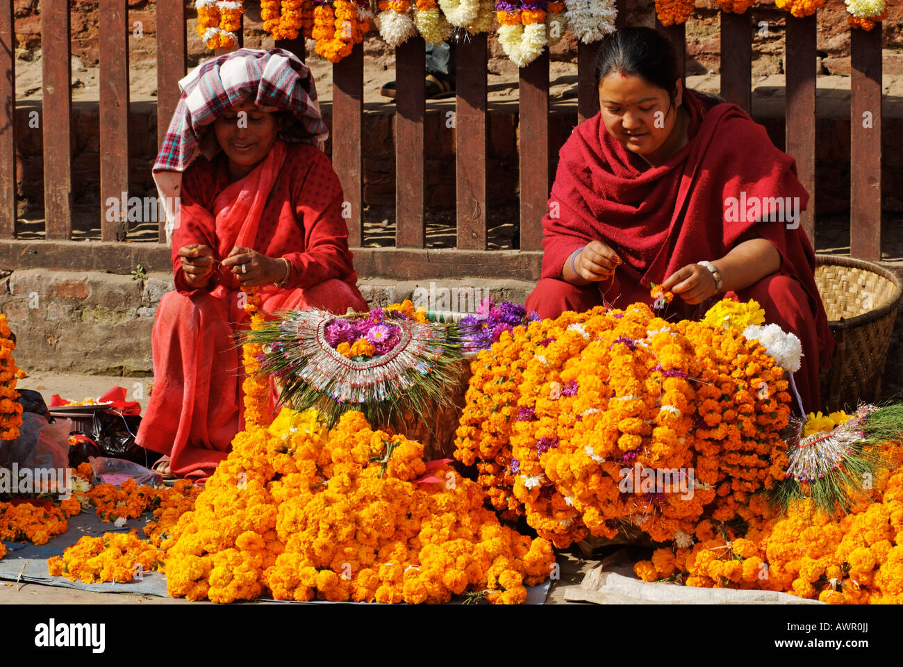 Flower market in the old town of Kathmandu, Nepal Stock Photo