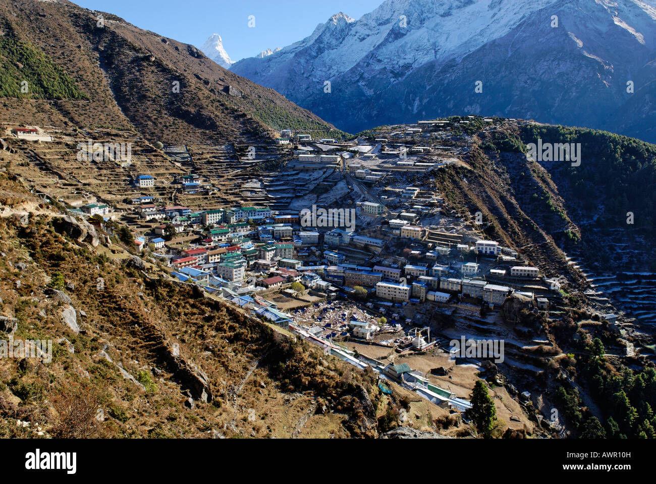 View over Namche Bazar, Sagarmatha National Park, Khumbu, Nepal Stock Photo