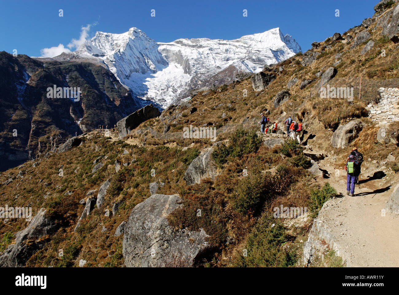 Trekking group at Bhote Koshi valley in front of Kongde Ri (6187), Sagarmatha National Park, Khumbu, Nepal Stock Photo