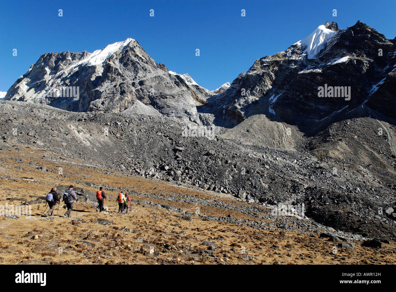 Trekking group hiking to Cho La Pass (5330), Sagarmatha National Park, Khumbu Himal, Nepal Stock Photo
