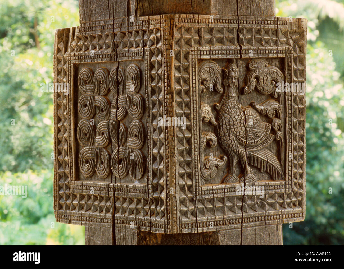 Sri lanka wood carving on supporting temple posts Embekke Devale Stock