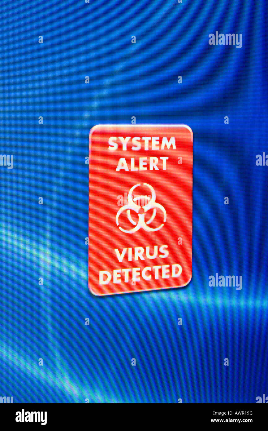 Computer monitor shot, 'system alert virus detected' message Stock Photo