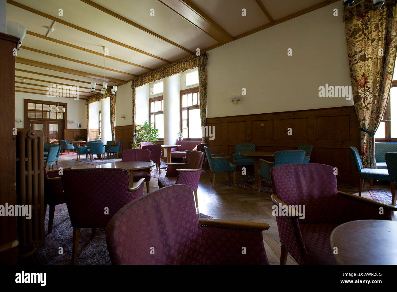Dining room in the historic Val Sinestra Hotel, Lower Engadin, Graubuenden/Grisons, Switzerland, Europe Stock Photo