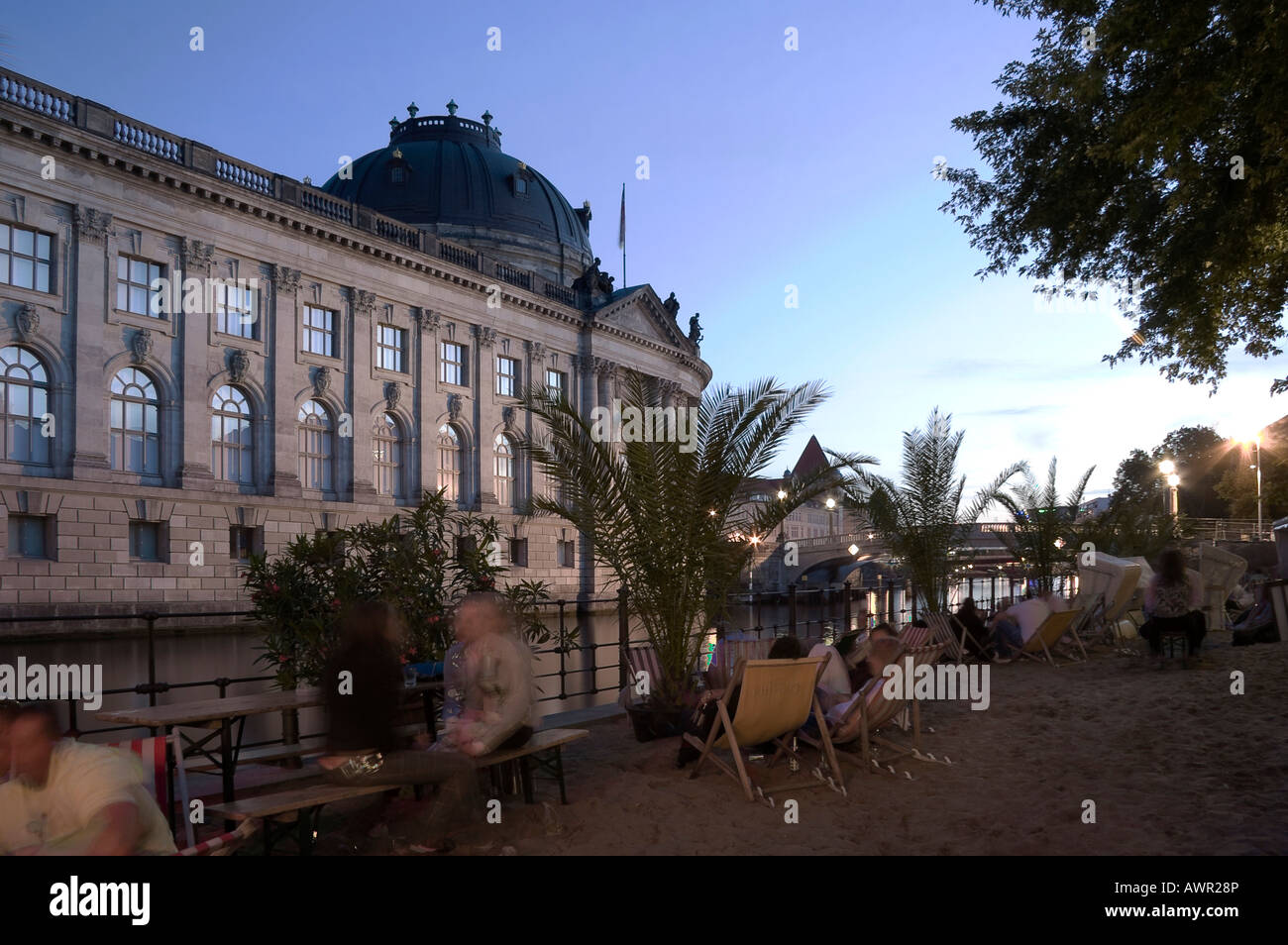 Beach bar along the Spree River, the Bode Museum across, UNESCO World Heritage Site, Berlin, Germany, Europe Stock Photo