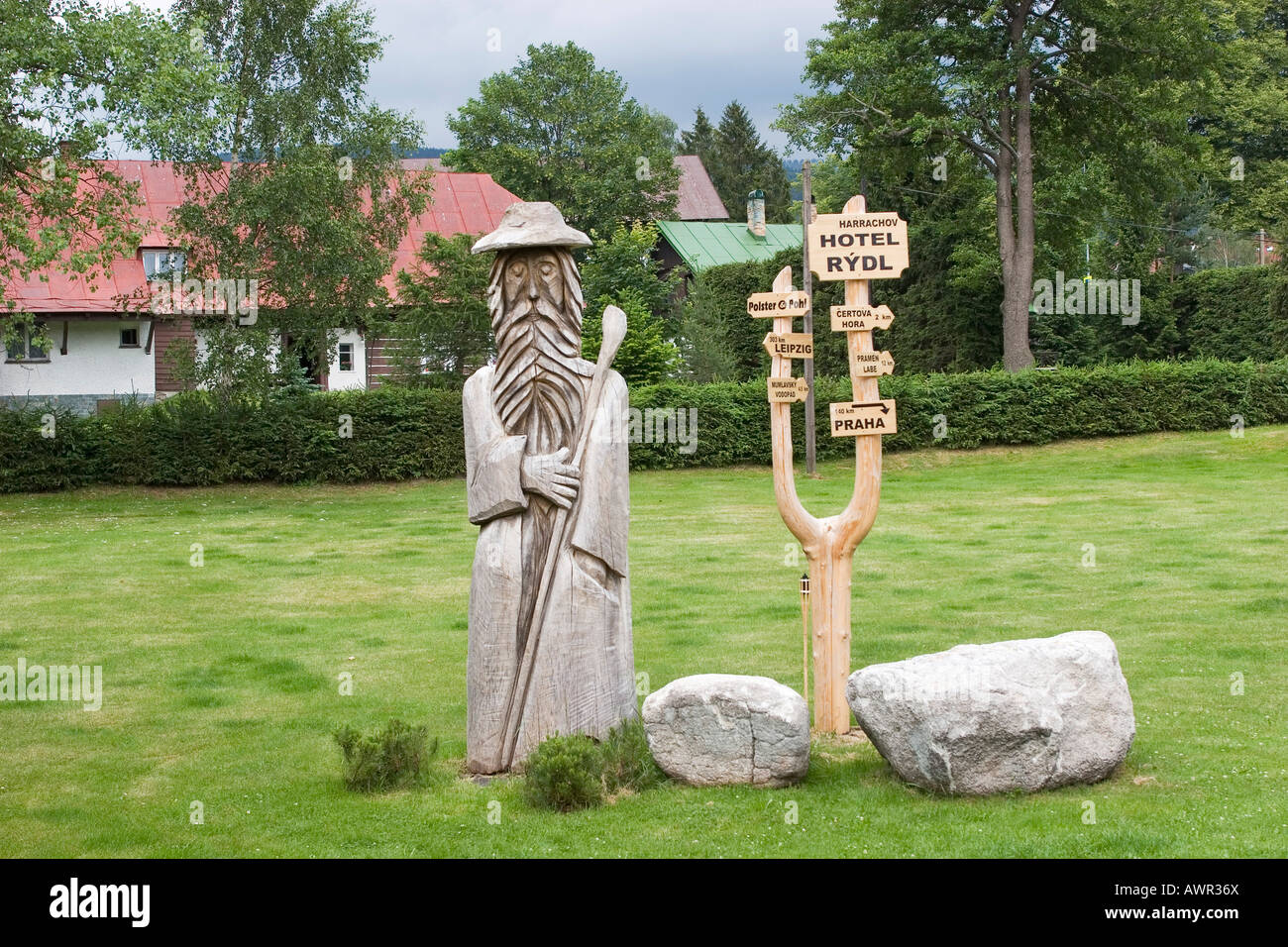 Wooden statue of Ruebezahl, Harravov, Czech Republic Stock Photo