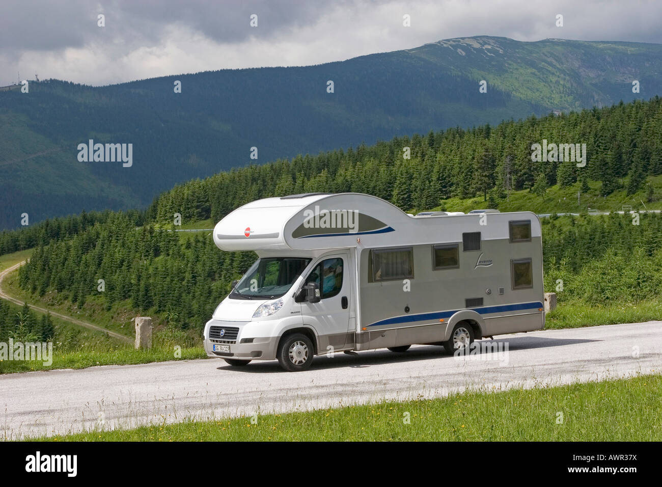 Motorhome on the road, Giant Mountains, Czechia Stock Photo