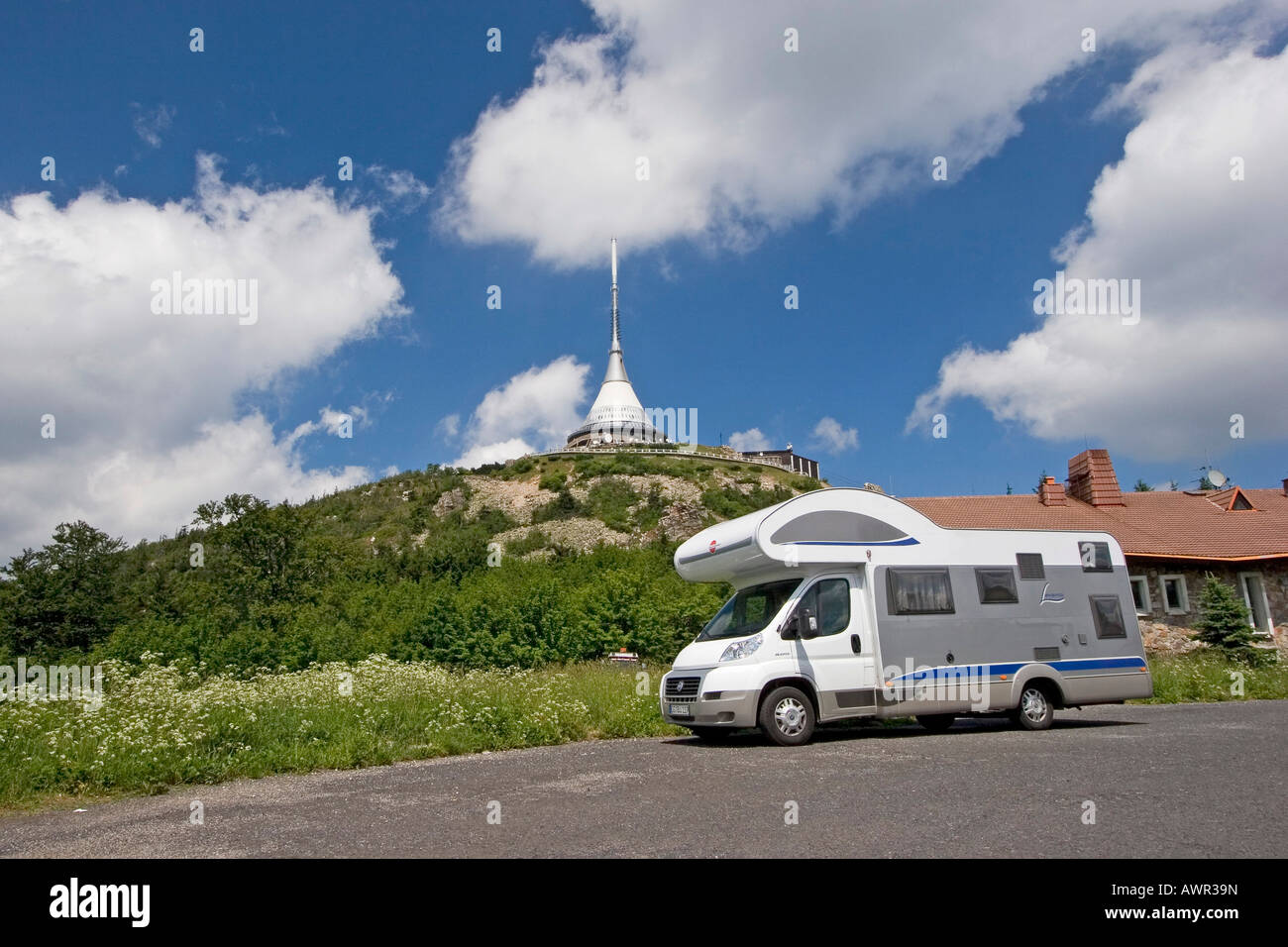 Campmobile, television tower, mountain ressort built by Hubacek, Jested, Liberec, Czech Republic, Europe Stock Photo