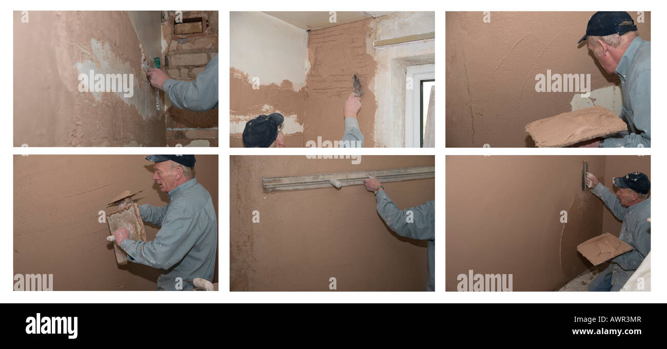 Replastering an old wall. Removing loose mortar applying bonding,  levelling, applying skim Detail Series Stock Photo - Alamy