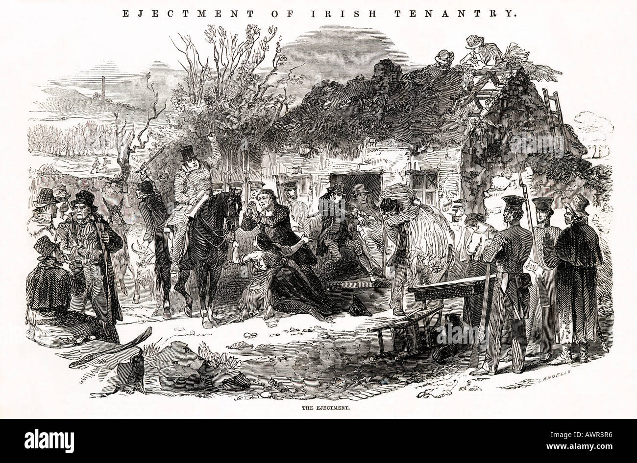 Evictions of Irish Tenantry The Ejectment 1848 engraving of an Irish peasant family evicted from their cottage Stock Photo