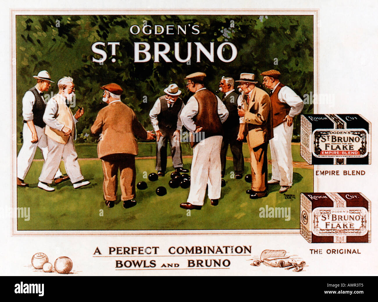 Ogdens Bowls Ad 1930s advert for the well known pipe tobacco a Perfect Combination with the sport of bowls Stock Photo
