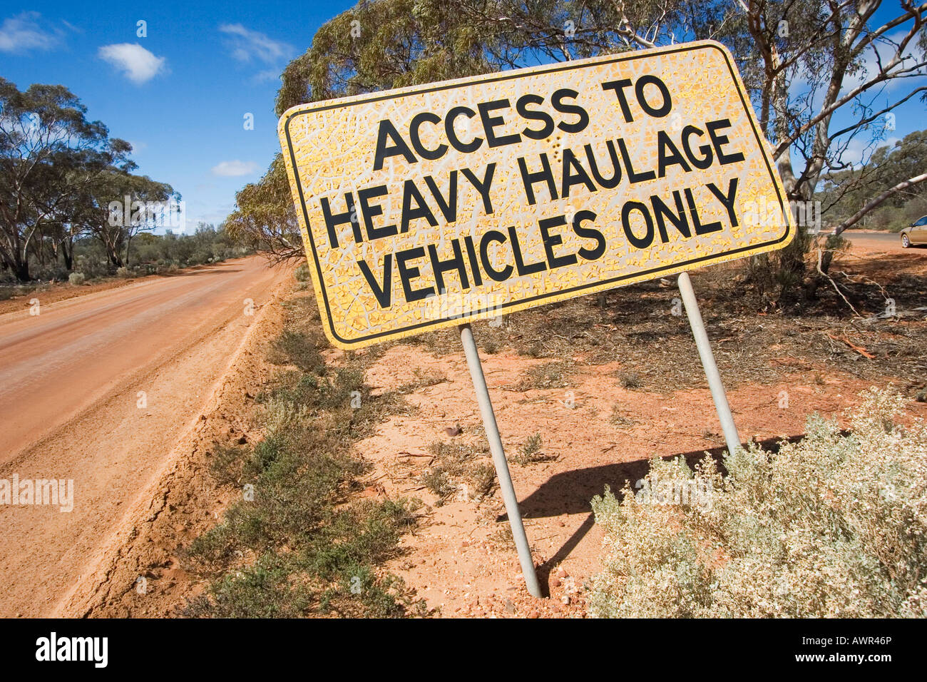 Sign (Access to heavy haulage vehicles only), paint peeling off, Western Australia, WA, Australia Stock Photo