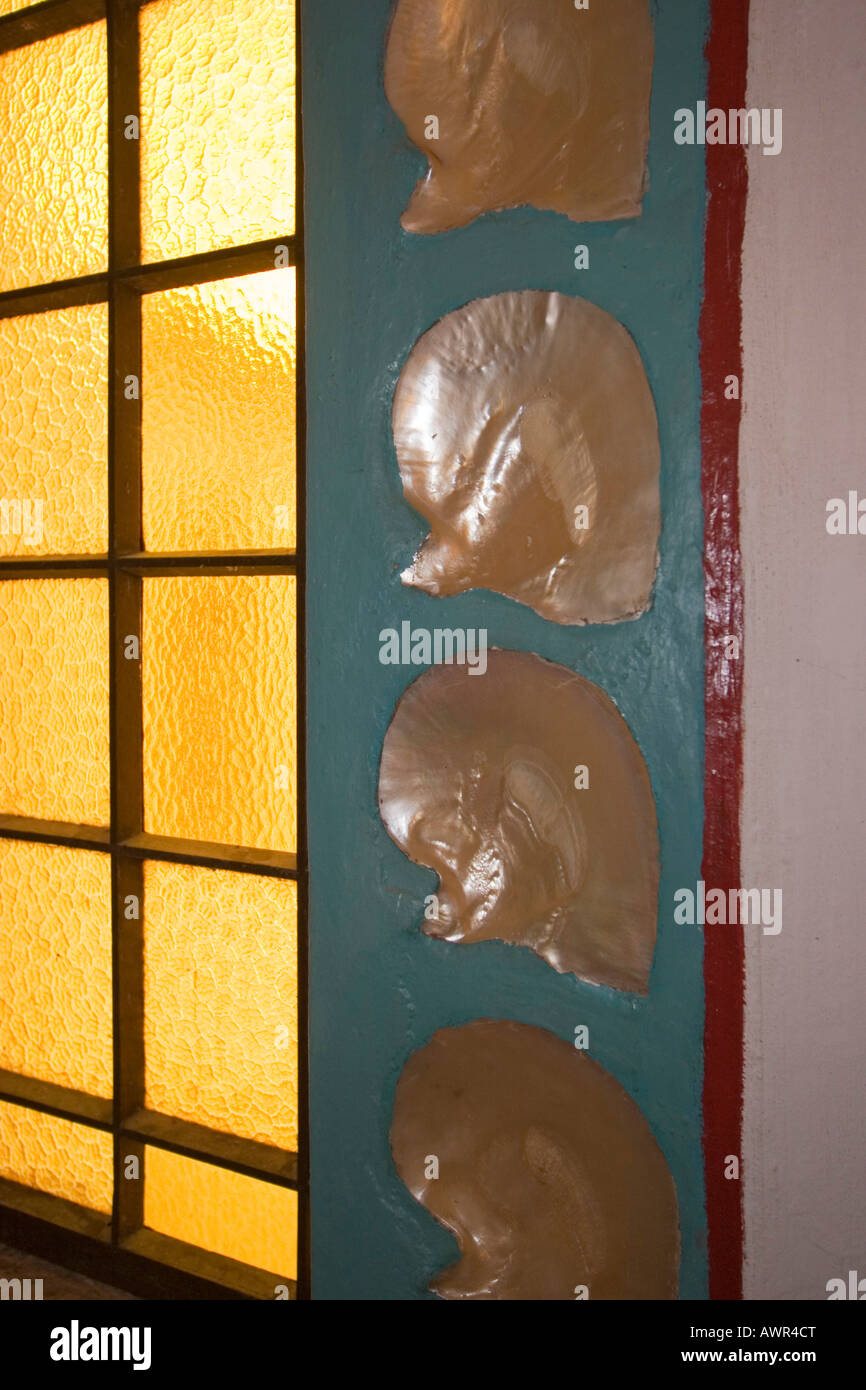 Window decorated with seashells, church of Beagle Bay, Dampier Peninsula, Western Australia, WA, Australia Stock Photo