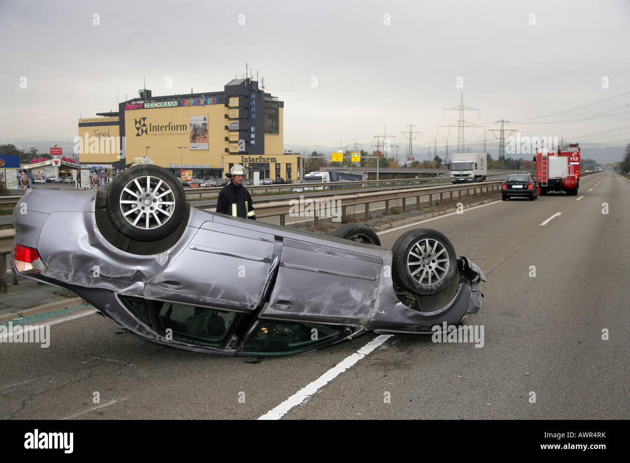The car has turned over during the crash Stock Photo