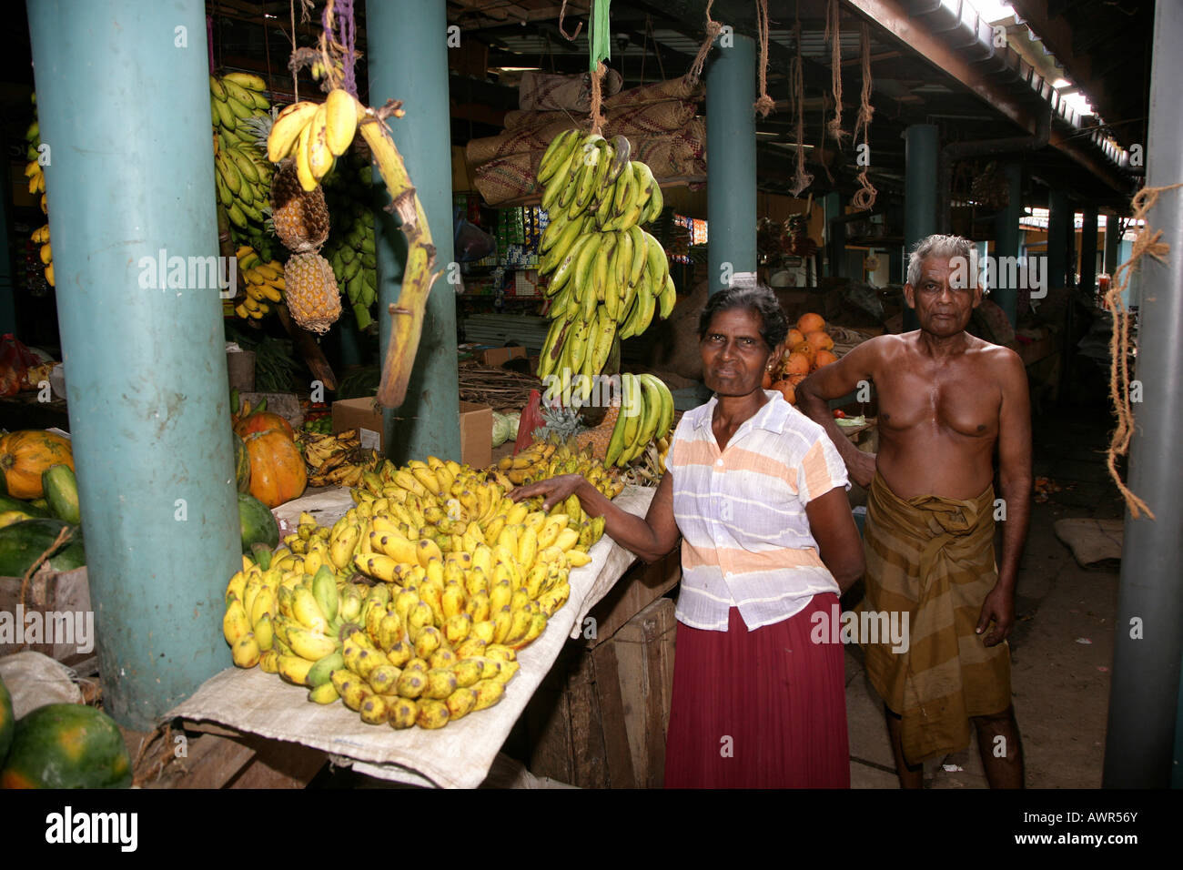 Woman selling fruits and vegetables at the market in Tangalle, Sr Lanka, Asia Stock Photo