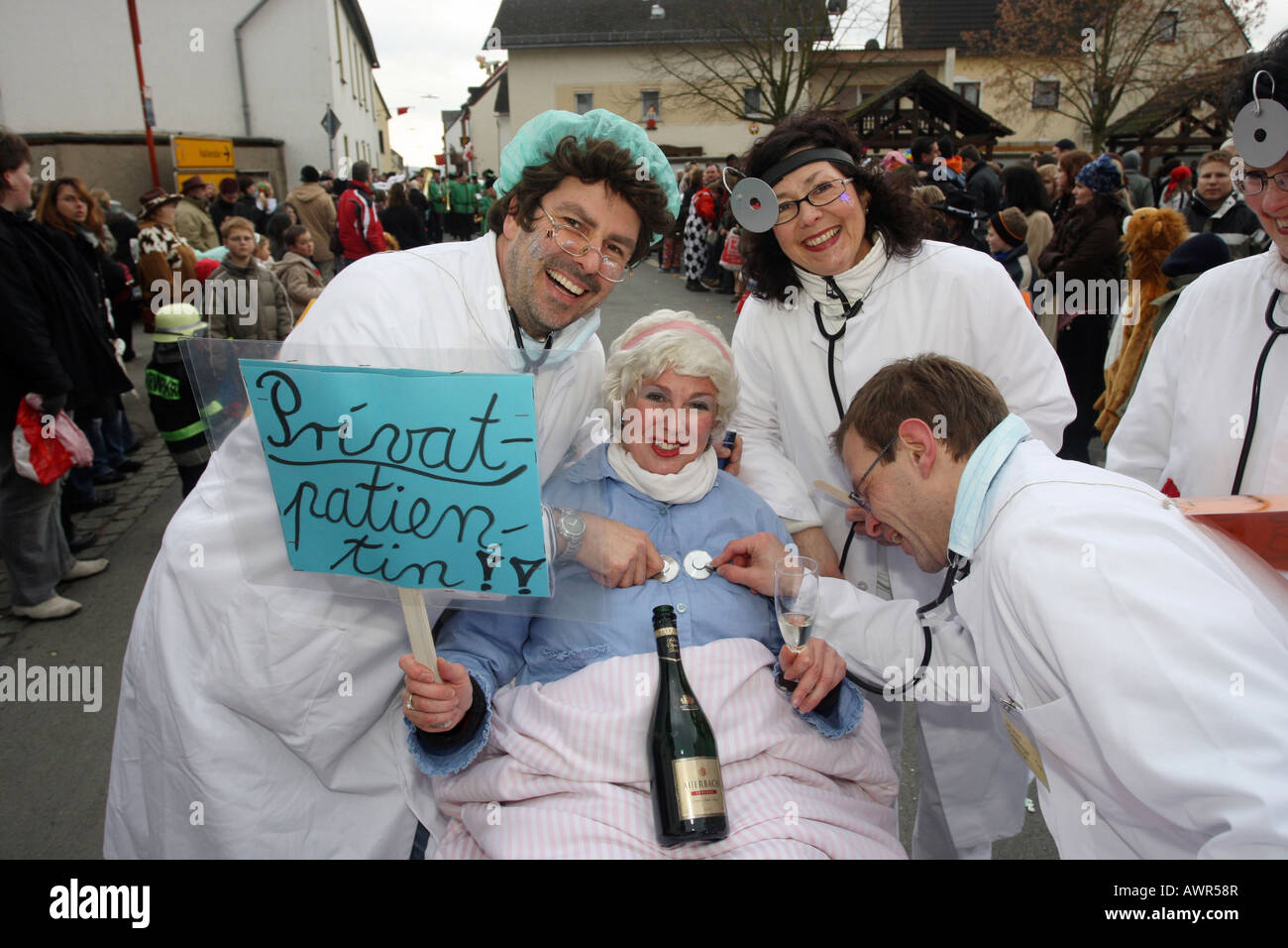 Mardi Gras parade in Muelheim-Kaerlich, Rhineland-Palatinate, germany: doctors with patient Stock Photo