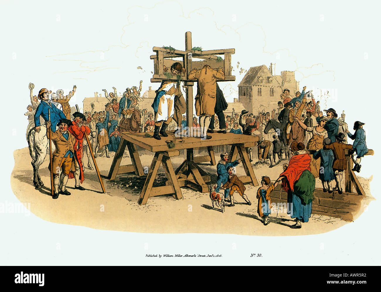 The Pillory, 1805, one of the costume sketches by Thomas Pyne, punishment in Georgian London, the mob rejoices Stock Photo