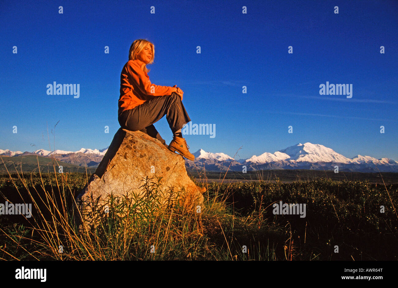 Hiking through Denali National Park, Mt. McKinley in background, Alaska