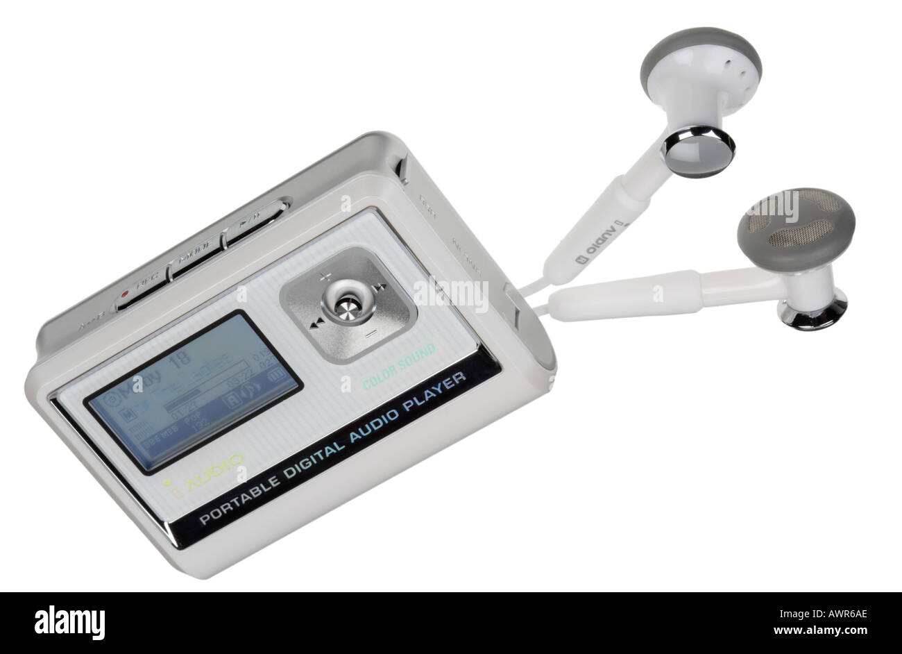 portable digital audio player and earphones Stock Photo