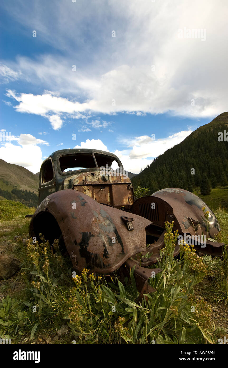 Remains of old truck, Animas Forks near Silverton, Alpine Loop Scenic Byway, San Juan Mountains, Colorado. Stock Photo