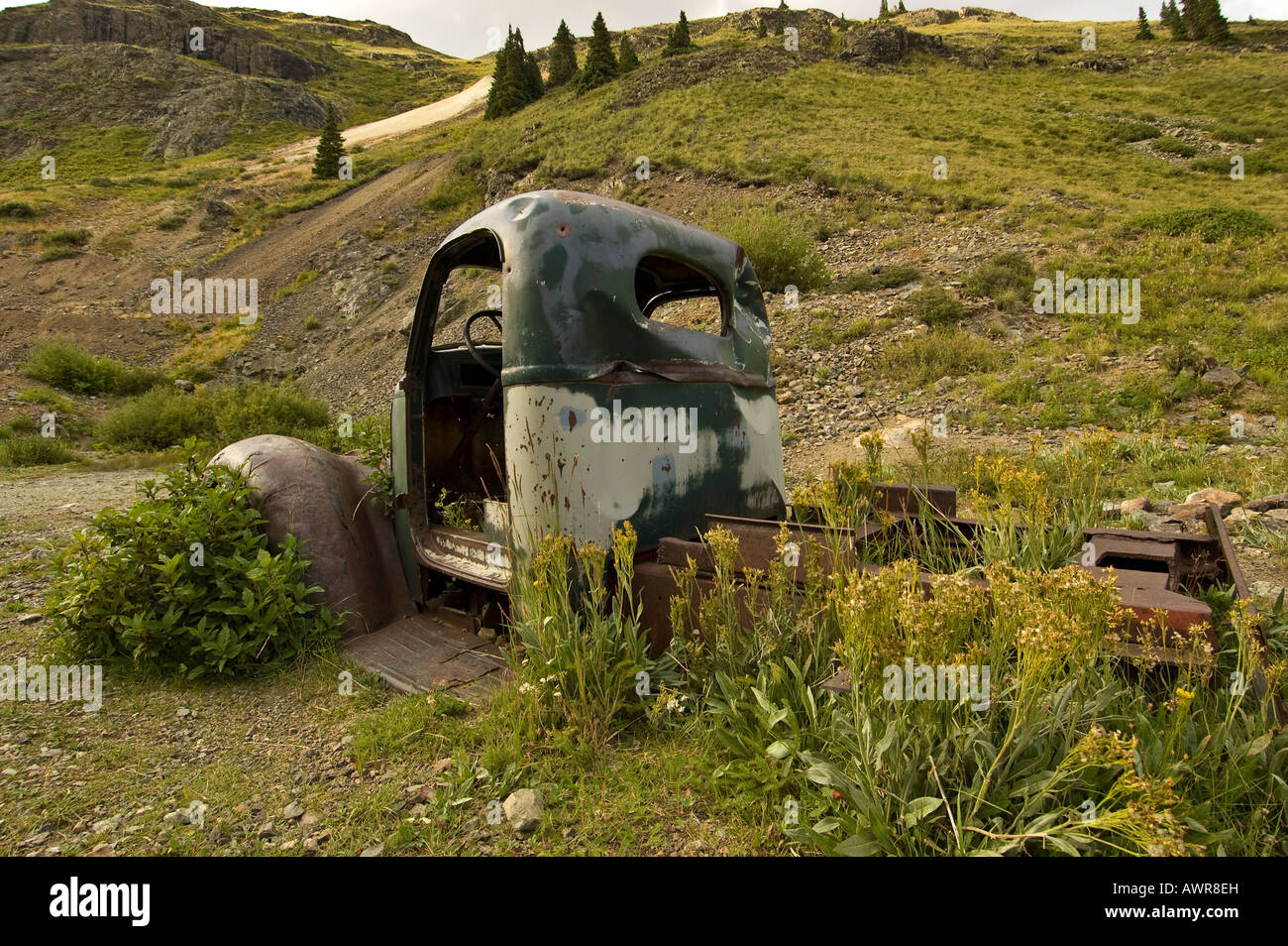 Remains of old truck, Animas Forks near Silverton, Alpine Loop Scenic Byway, San Juan Mountains, Colorado. Stock Photo