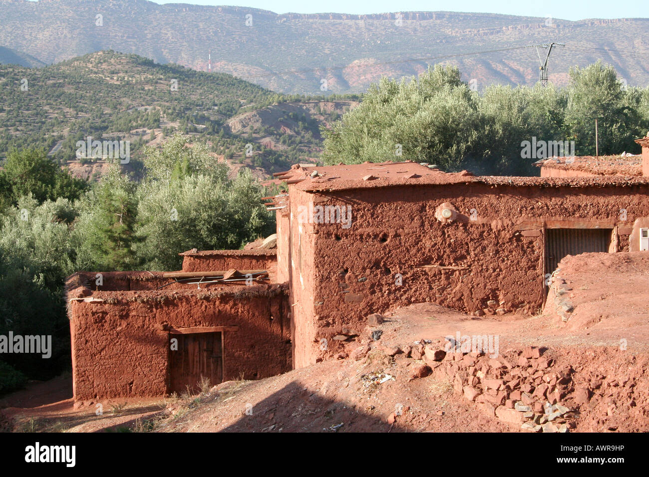 Traditional Berber village mud brick houses in rural Morocco Stock