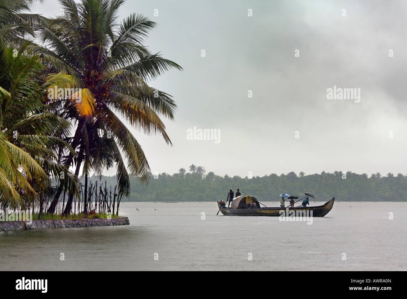 A kettuvallam traditional grain barge on Kerala Backwaters lined with dense tropical greenery Kerala South India Stock Photo