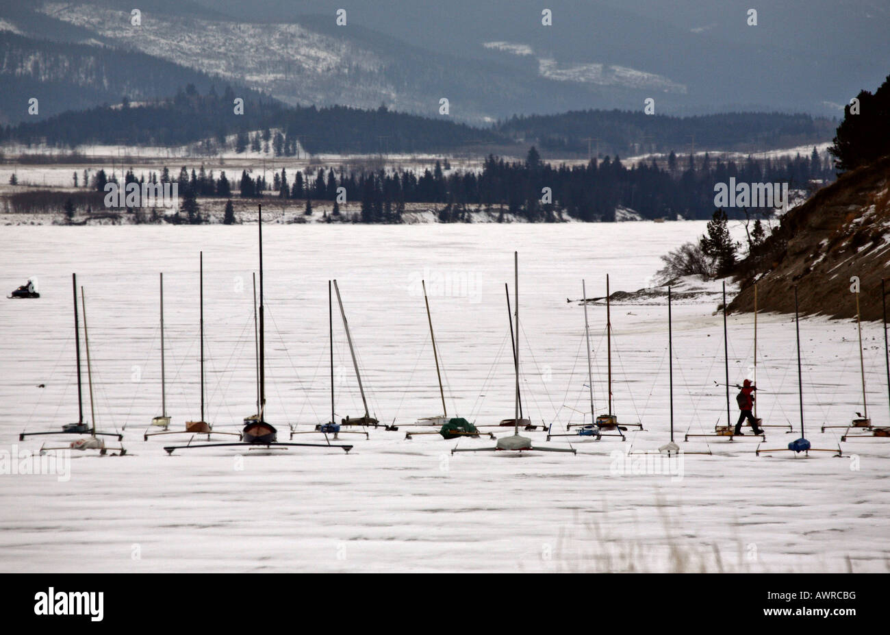 Ice sail boats on frozen Alberta lake Stock Photo