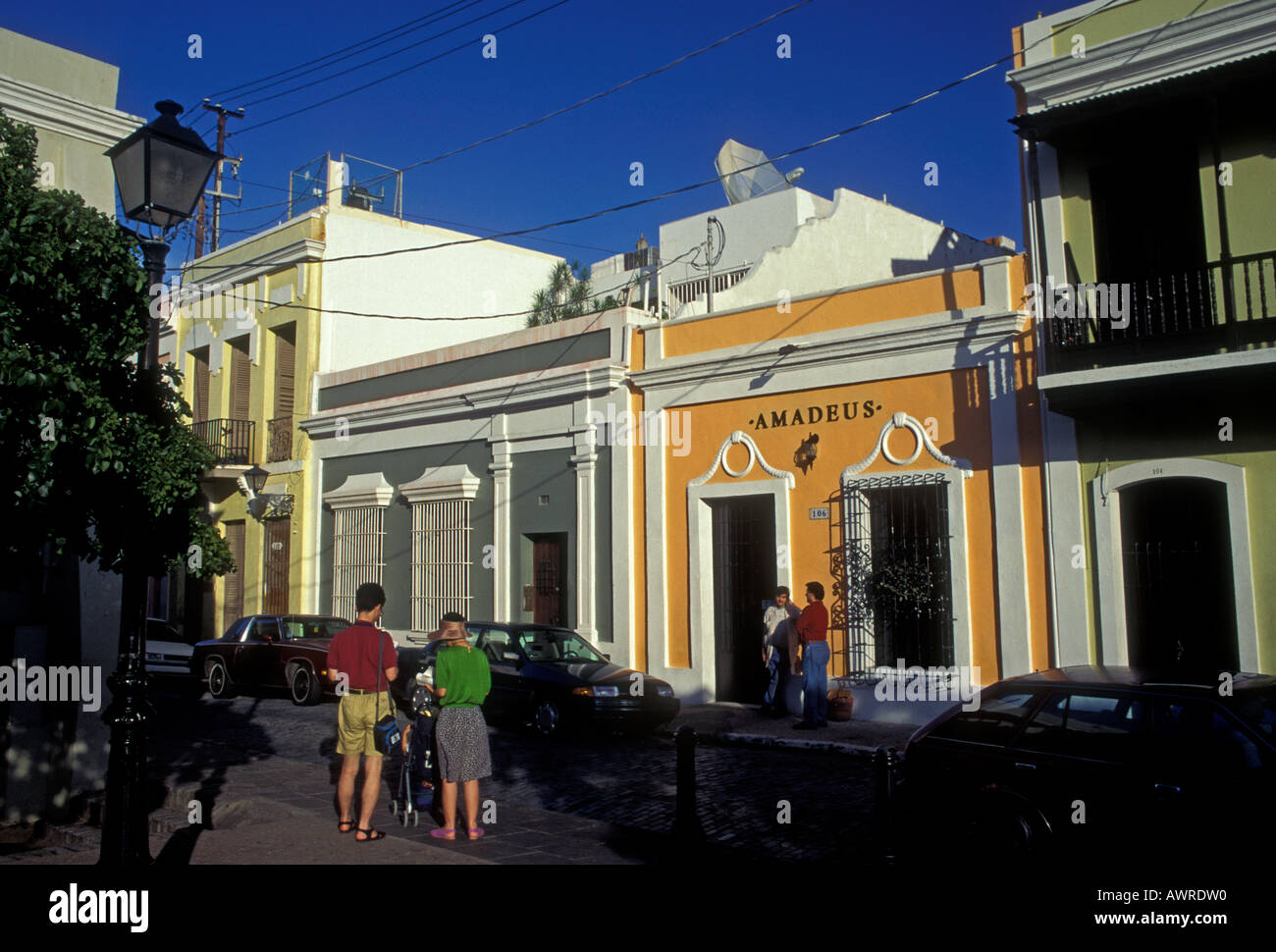 tourists, visitors, Amadeus Cafe Restaurant, food and drink, Calle San Sebastian, Old San Juan, San Juan, Puerto Rico, West Indies Stock Photo