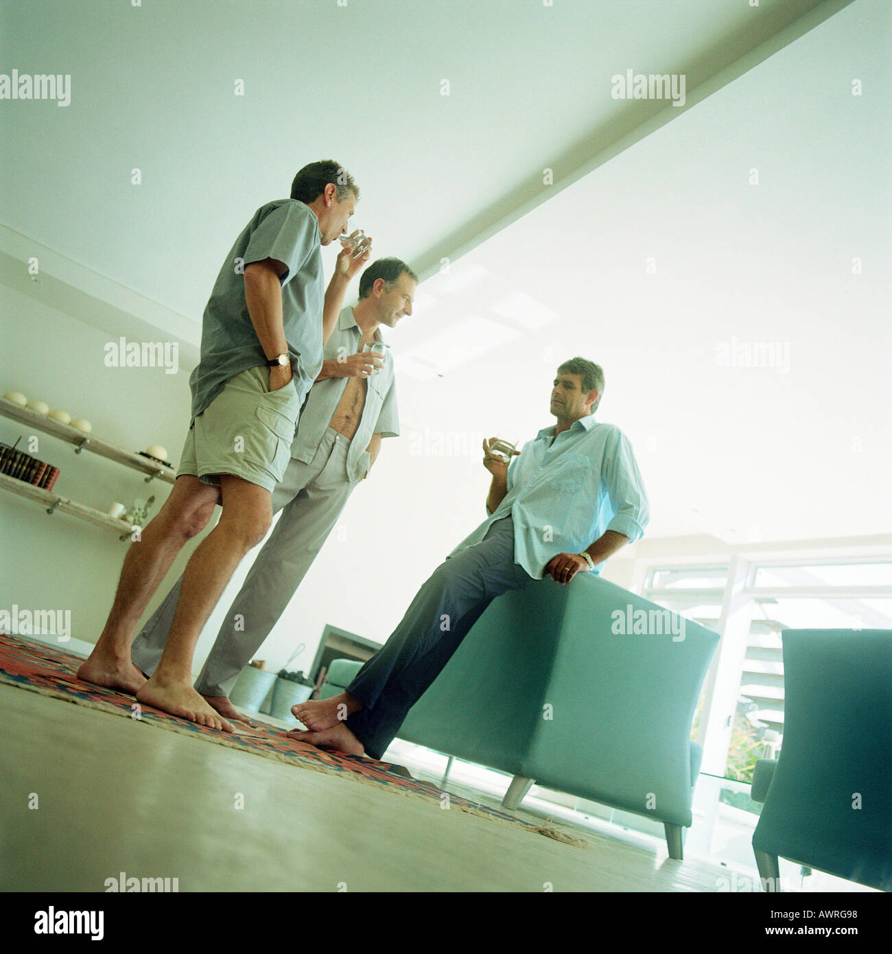 Three mature men having a drink, low angle view Stock Photo