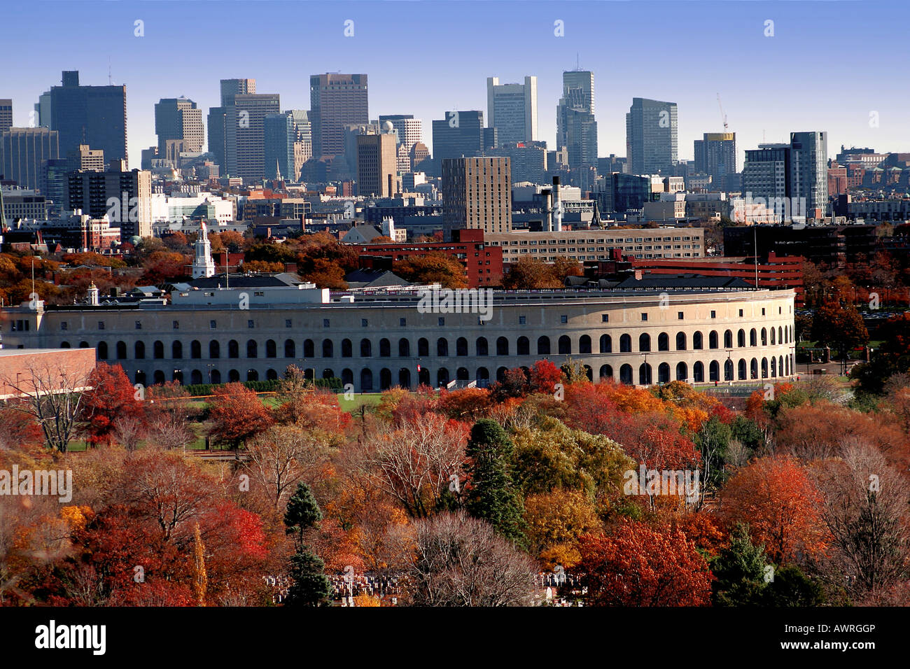 View of Soldier's Field at Harvard University and downtown Boston