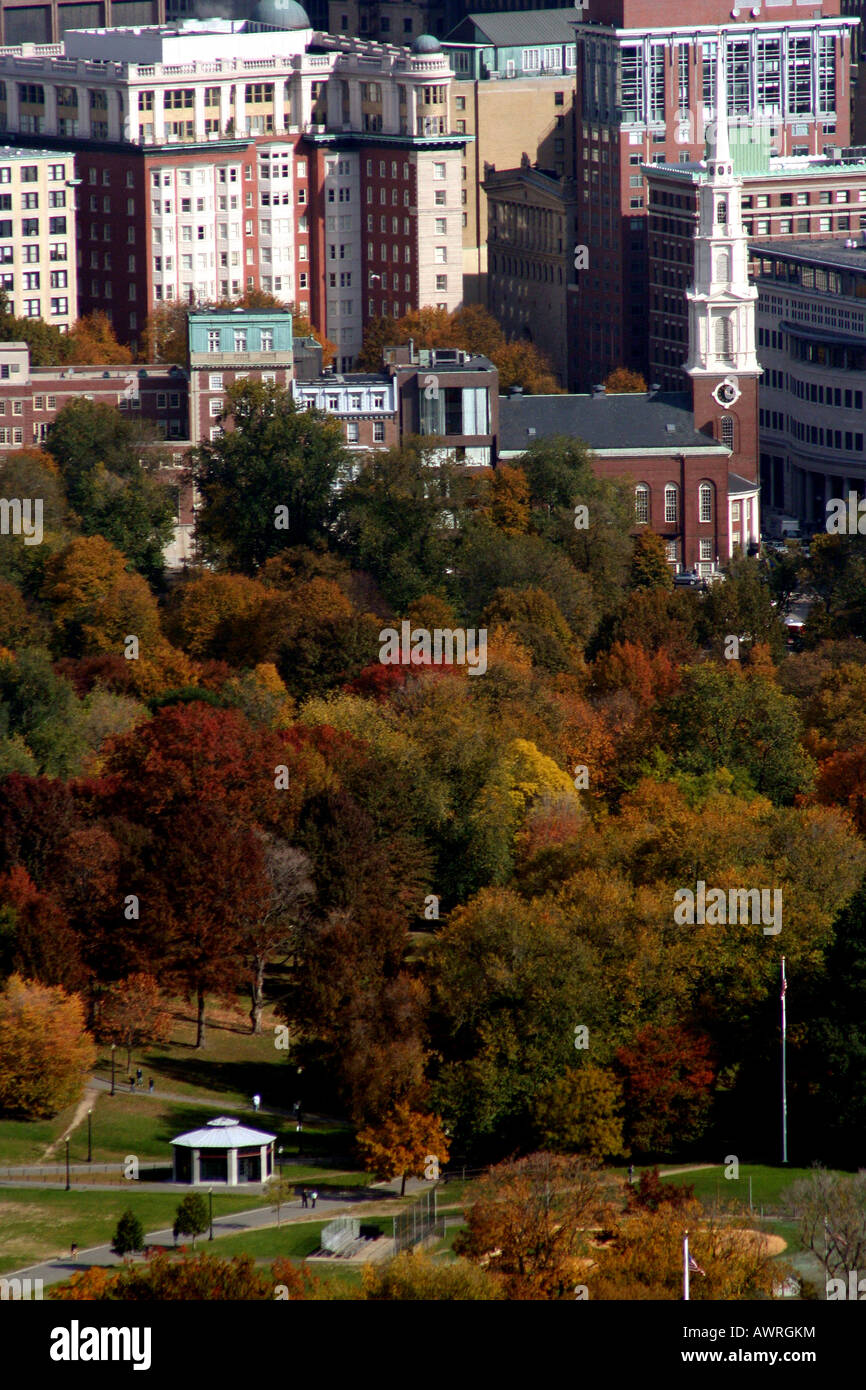 Aerial view of Boston Common and Park Street Church Boston Massachusetts Stock Photo