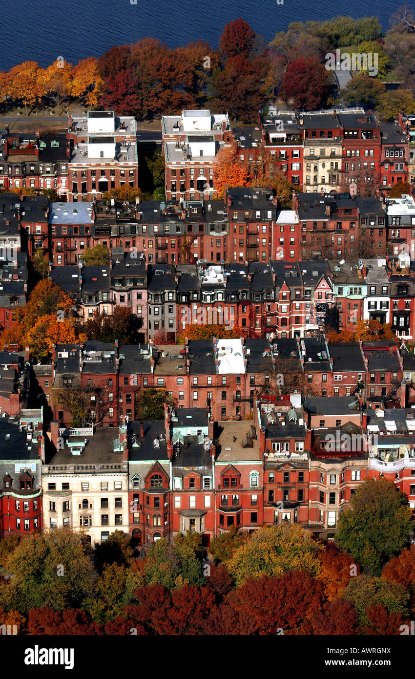 Aerial view of Boston's Back Bay neighborhood and brownstone homes