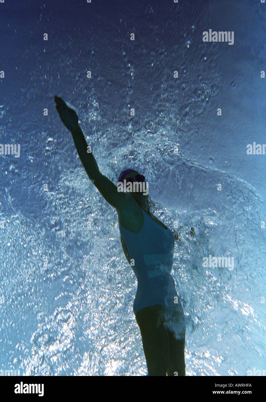 Young woman underwater, underwater view. Stock Photo