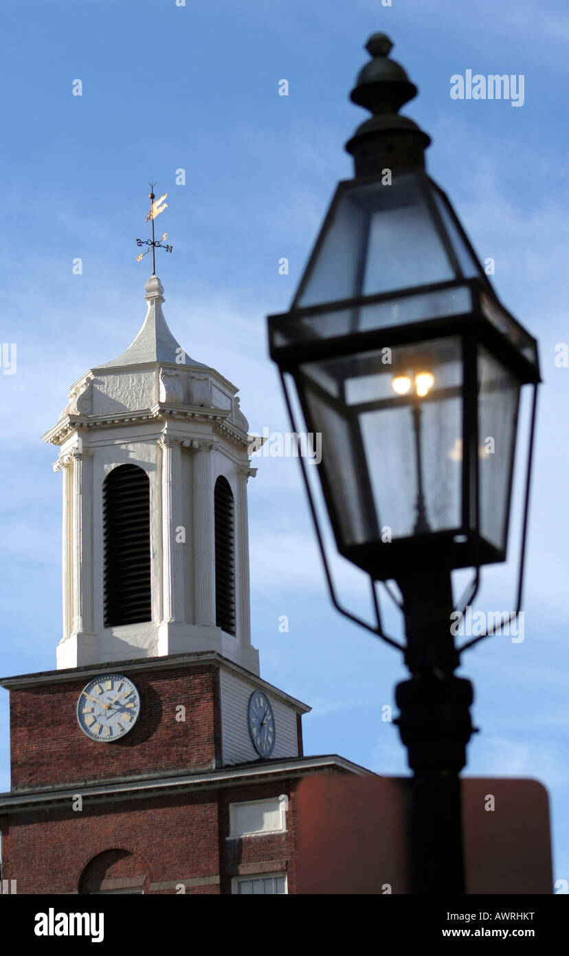 Charles Street Meeting House and gaslamp in Beacon Hill neighborhood of Boston Massachusetts Stock Photo