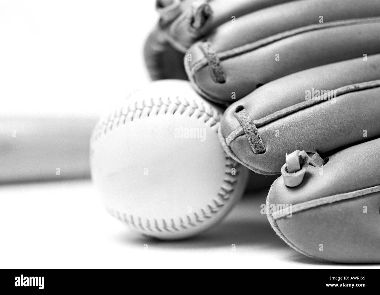Baseball glove and ball, closeup, b&w Stock Photo Alamy