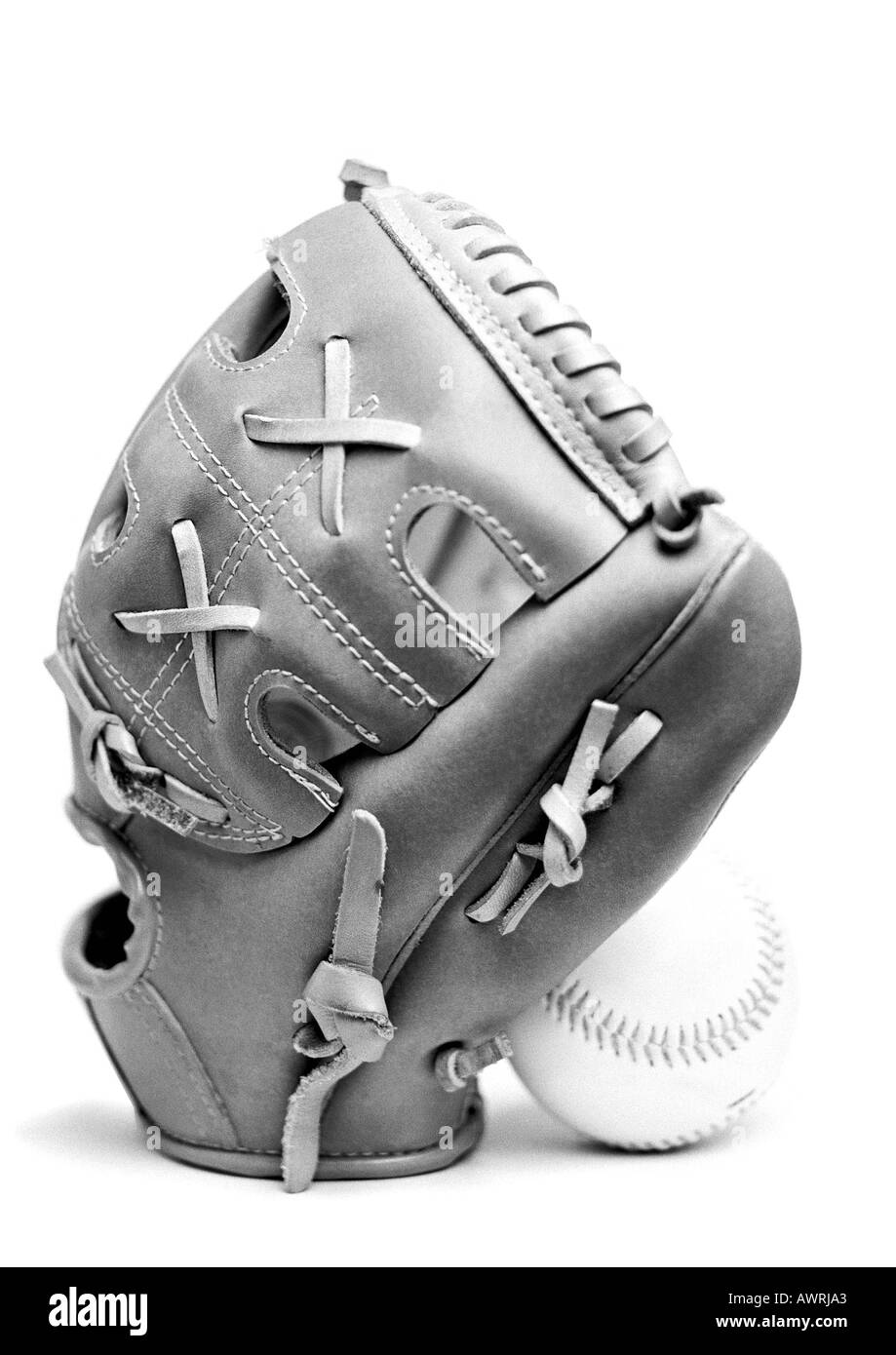 Baseball glove and ball, b&w Stock Photo