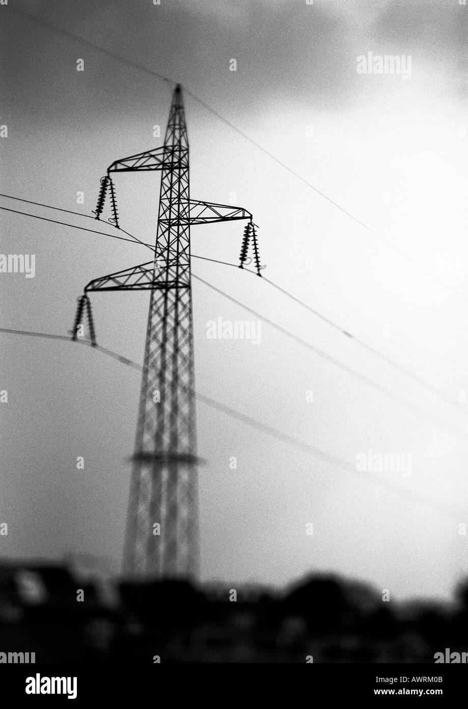 Power line, low angle view, b&w. Stock Photo