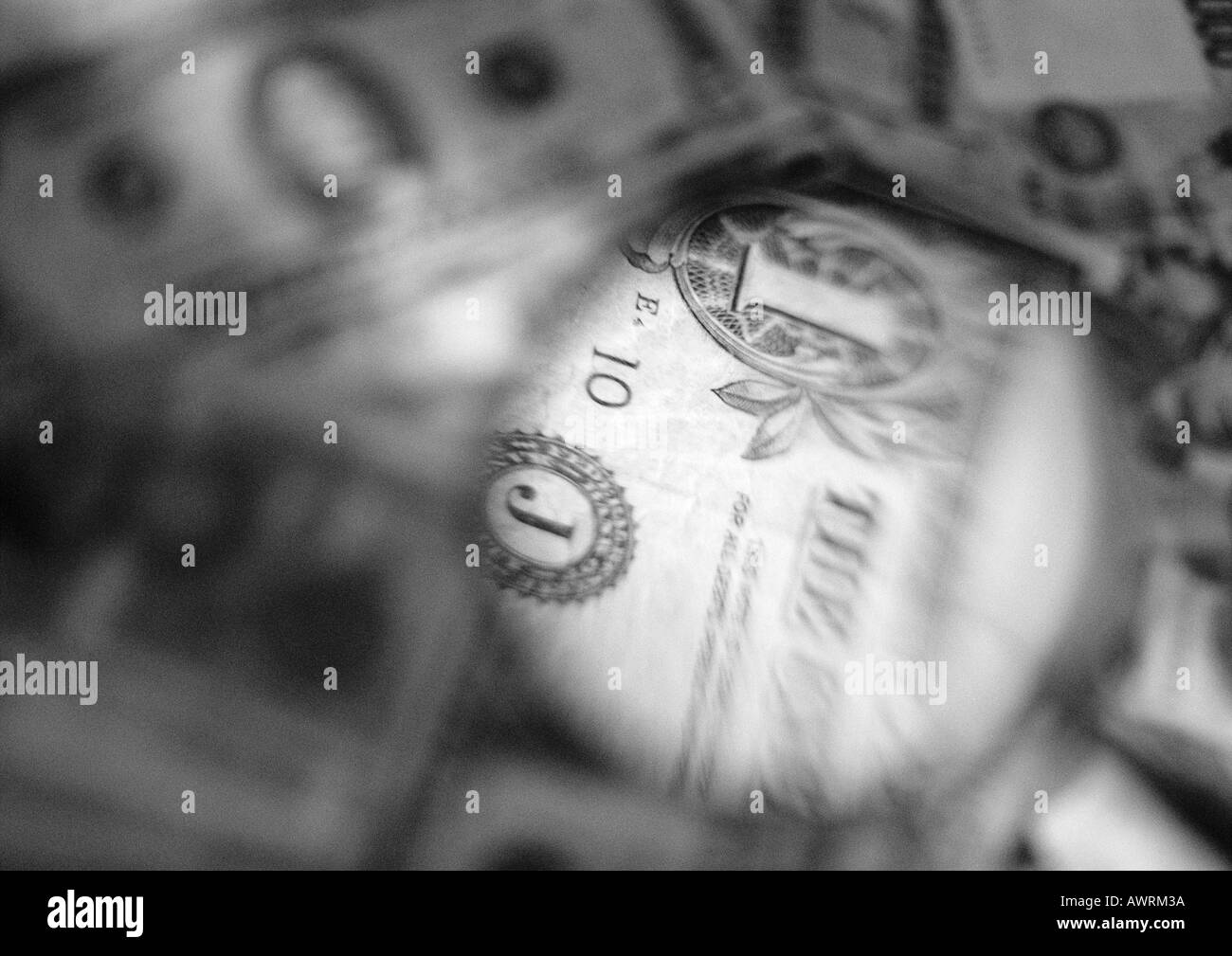 Dollar bill, seen through magnifying glass, close-up, b&w. Stock Photo
