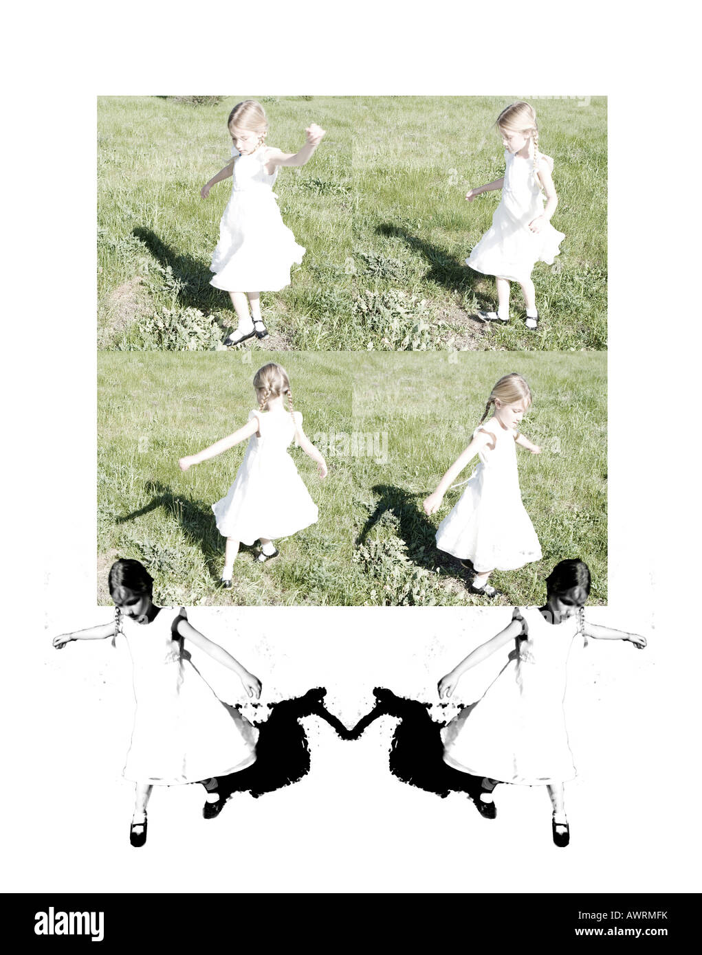 Four images of a girl spinning round, two reflections. Stock Photo