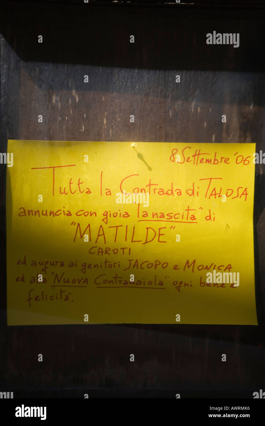 Contrada birth announcement posted in hilltown of Montepulciano Tuscany Italy Stock Photo