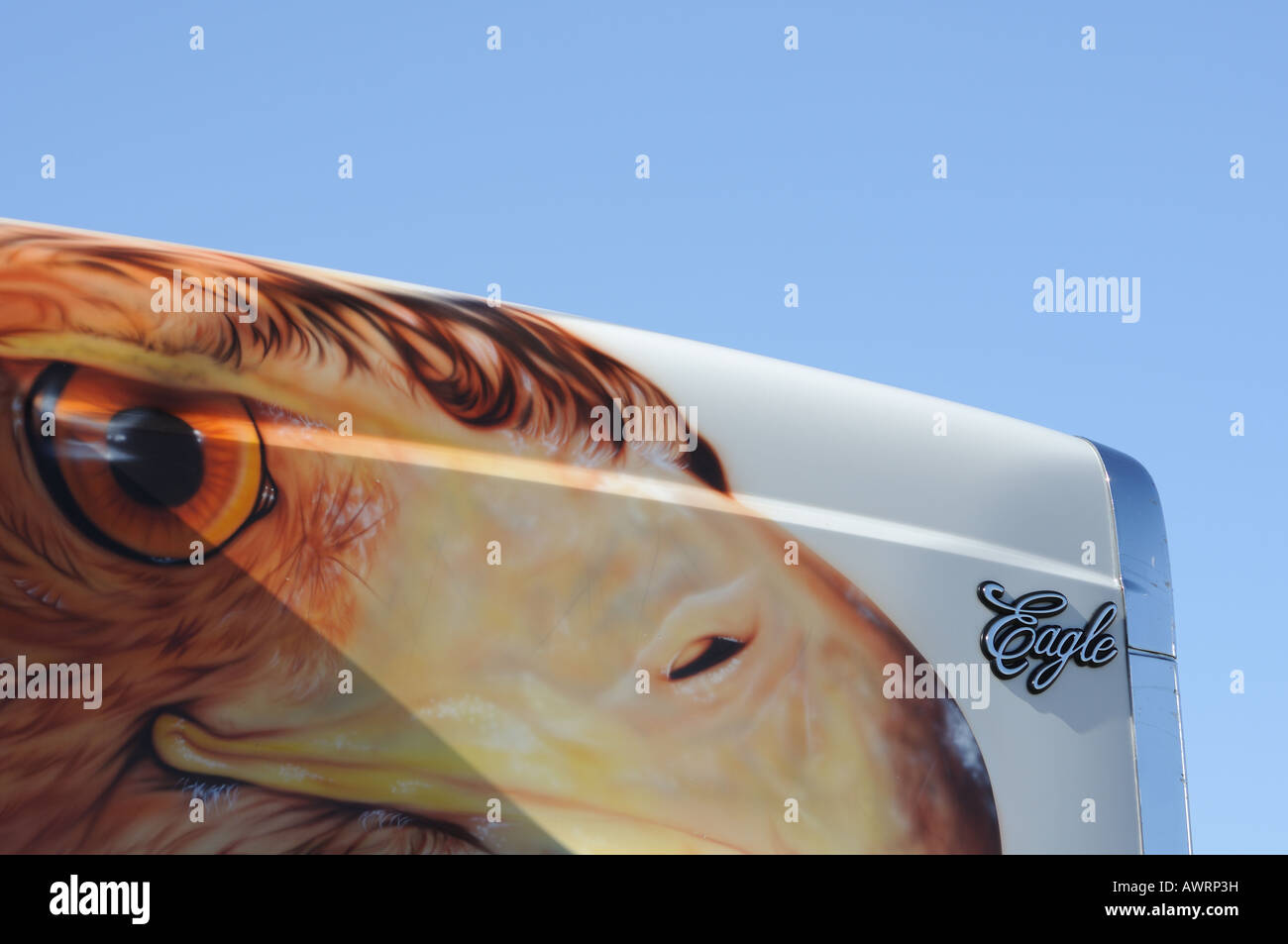 An International Eagle truck parked at a truck stop, featuring special airbrushed paintwork of