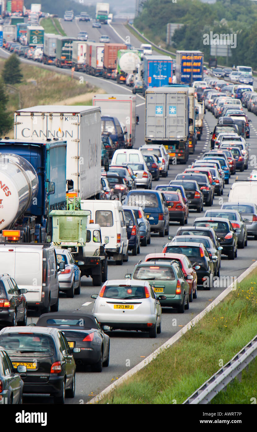 Traffic jam on the M56 motorway at junction 14 looking east Stock Photo